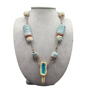 Ethnic Clay Necklace Heishi Beads Painted Rock Boho Style Unusual One of A Kind